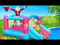 Sasha and Max play with Inflatable Water Slides & Toys in Summer