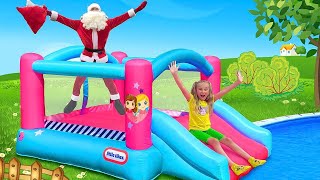 Sasha and Max play with Inflatable Water Slides & Toys in Summer