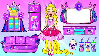 DIY Paper Dolls & Cartoon - Pink Rapunzel Decorate New Cinema Challenge - Barbie's New Home Handmade