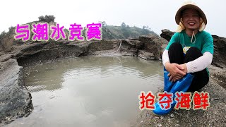 6个猪肺打窝底潮坑，与海水赛跑争夺鱼货，满满一桶海鲜抓到爽