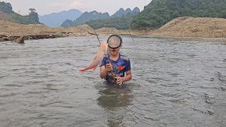 The orphan boy swam down to the lake and used it to catch fish to bring home to cook