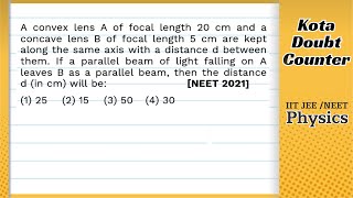 A convex lens A of focal length 20 cm and a concave lens B of focal length 5 cm are kept along the