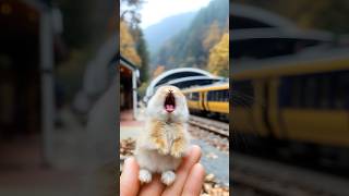 🐰💛 A tiny bunny enjoying an adorable moment with the melody of a train! 🚂