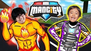 RYAN HAS A NEW HERO SUIT IN MAD CITY ROBLOX ! Let's Play Ryan Vs Daddy