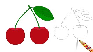 How to Draw Cherry Fruit - Cherries Drawing Easy & Coloring Page