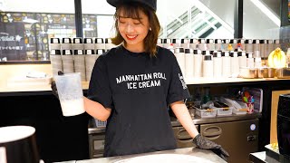 大人気ロールアイスの作り方。かわいい店員さん♪によるストロベリー\u0026ガトーショコラ How to make the best roll ice cream in Japan.