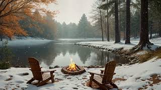 Calm Lakeside Winter Moments | Lakeside Campfire & Snowfall | Relaxing