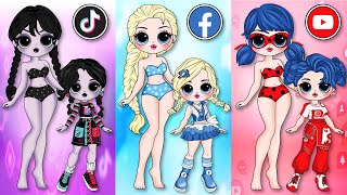 Social Network Fashion: Elsa Princess, Wednesday & Ladybug Family / DIY Paper Dolls & Crafts
