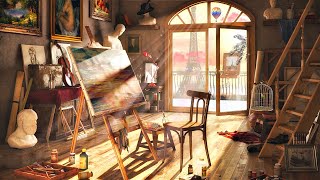 Cozy Art Studio in Paris Ambience ASMR 🎨 Painting Sounds, Relaxing Violin Music, Birds Chirping