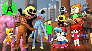 FNF (Part 5) animation 3D cartoon but Huggy wuggy Baldi and FNAF and creepypasta are all in it