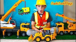 Destroying a Box Fort with Construction Toys! Cranes, Garbage Trucks, and More | JackJackPlays