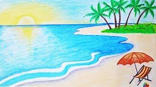 How to draw a scenery of sea beach Step by step (easy draw)