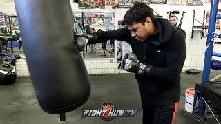 OMAR FIGUEROA LOOKING TO PUNISH ADRIEN BRONER'S BODY! WORKS HEAVY BAG EARLY IN CAMP!