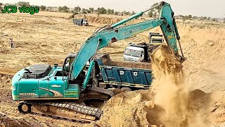 JCB kobelco loading sand TATA tiper//big jcb kobelco full loaded tipper dump Trump