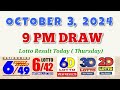 Lotto Result Today 9pm draw October 3, 2024 6/49 6/42 6D Swertres Ez2 PCSO