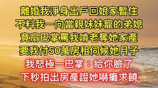 離婚我淨身出戶回娘家暫住，不料我一向當親妹妹寵的弟媳，竟扇巴掌罵我啃老奪她家產，要我付50萬房租伺候她月子，我怒極一巴掌：給你臉了，下秒拍出房產證她嚇癱求饒