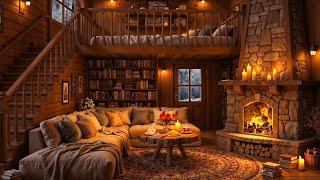 Cozy Winter Cabin Ambience ❄️ Soft Jazz, Crackling Fireplace \u0026 Gentle Snowfall for Relaxation