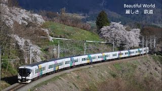 E257系　快速（松本行き）　ＭＨ鳴らし桜満開の篠ノ井線（中央本線）を行く　姨捨駅ー稲荷山駅　2016年4月　　光panasd 193