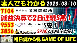 【明日儲かる株】7014 名村造船所！減益！2日連続S高！9553 マイクロアド！S安！やはり6月23日はピーク！3856 Abalance！SPAC上場でも機関次第！【20230810】