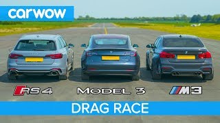 Tesla Model 3 P vs BMW M3 vs Audi RS4 - DRAG RACE, ROLLING RACE & BRAKE TEST
