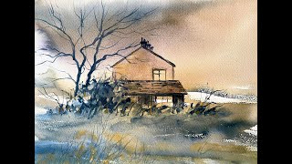 Simple BEGINNER'S Loose SKY Watercolour Landscape, deserted cottage watercolor painting tutorial