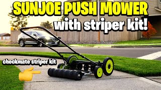 20” Sunjoe Push REEL mower with checkmate striper kit 😂 Gave him a 2nd chance did he redeem himself?