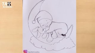 Baby sleep on moon pencil drawing@TaposhiartsAcademy