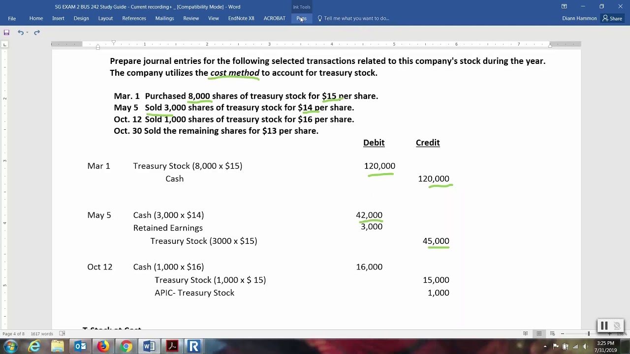 Treasury Stock Journal Entries Youtube