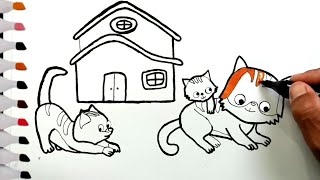 An easy way to draw and color a cat + its house with cute animations