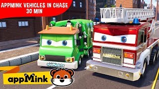 appMink car animation – Police car, crane truck, firetruck and Monster truck chase