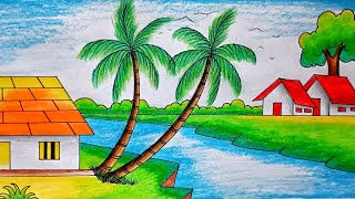 Easy nature scenery drawing with pencil colour/Easy nature scenery drawing for beginners