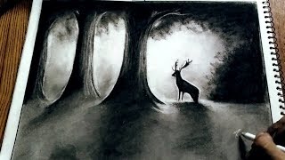 Deer in misty forest , charcoal pencil drawing ll and charcoal sticks