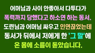 (실화사연) 어머님과 사이 안좋아서 다투다가 폭력가지 당했다고 하소연 하는 동서. 도련님과 어머님 싸우고 인연끊었는데 동서가 뒤에서 저에게 한 '그말'에온몸에 소름이 돋았습니다