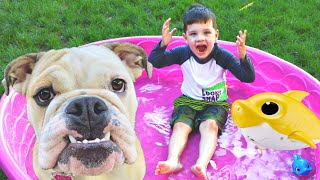 Kids Swimming with Cute Puppy and Baby Shark TOYS in Swimming POOL for Kids! Caleb Pretend Play