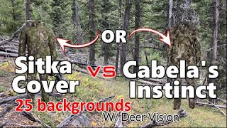 Sitka Optifade Cover VS Cabela's Instinct hunting camo in Human and Deer Vision on 25 Backgrounds