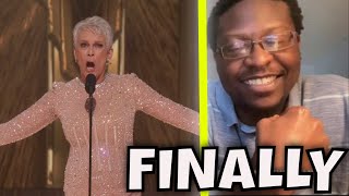 ANGELA BASSETT WHO? Jamie Lee Curtis Accepts The Oscar for Supporting Actress | ABC REACTION VIDEO
