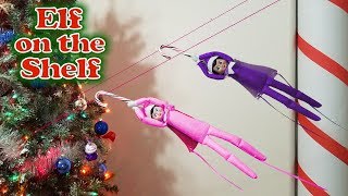 Purple \u0026 Pink Elf on the Shelf - Caught Flying Down Zipline! Day 28