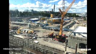 Demolition of a stair tower using a diamond saw and a crane