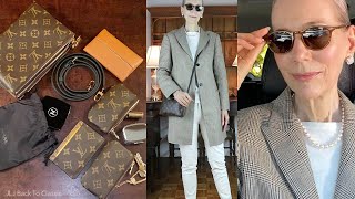 Timeless Style: Louis Vuitton Double-Zip Pochette, Long Blazer, Ivory Jeans OOTD/Classic Fashion 50+