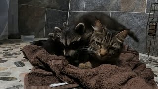 SO CUTE: Momma cat nurses baby raccoon back to health