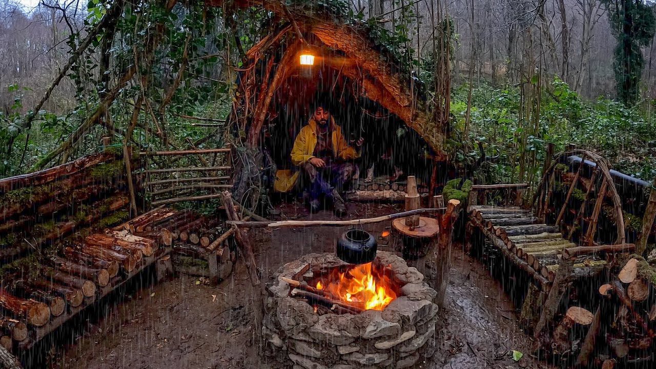 7 Days Solo Survival Camping In Rain Thunder Building Warm Bushcraft