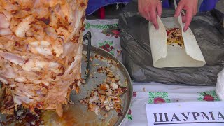 Azerbaijan Street Food. Huge Chicken Shawarma, Sheep Skewers and More Seen in Minsk, Belarus