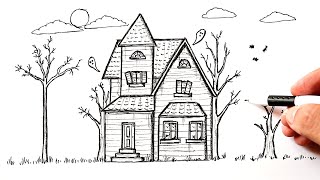 How to draw a Haunted House easy | Halloween drawing
