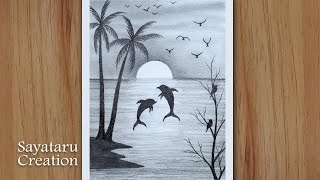 How to draw Scenery of Dolphin in Beach - Sunset Scenery Drawing with Pencil Sketch