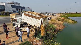 First Starting A New Project! Filling Land By Bulldozer Komat’Su D31P Push stone with 5ton Trucks