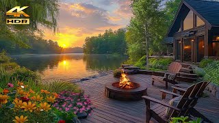 Serene Lakeside Ambience 🌻 4K ASMR | Crackling Fire \u0026 Soothing Nature Sounds for Relaxation \u0026 Study