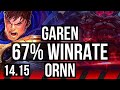 GAREN vs ORNN (TOP) | 67% winrate, 7 solo kills, 12/2/4, Godlike | EUNE Master | 14.15