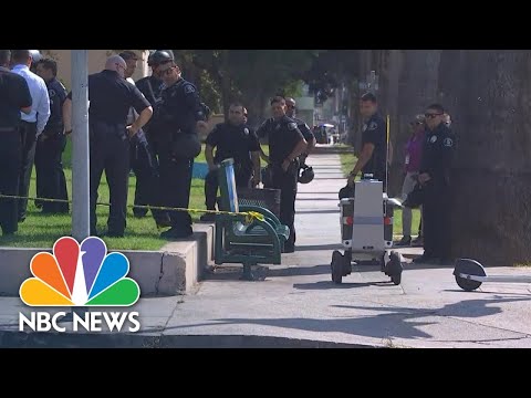 Skynet fights back: Food delivery robot walks through Los Angeles crime scene