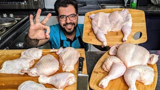 3 Ways to Cut Chicken| طرق احترافية لتقطيع الدجاج | تسحيب دجاج من العظم | شيف شاهين