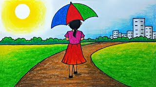 How to draw a girl with umbrella in summer season scenery | Summer season scenery drawing VERY EASY